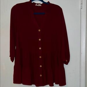 Entro Red Buttoned Peplum Blouse with Mandarin Collar